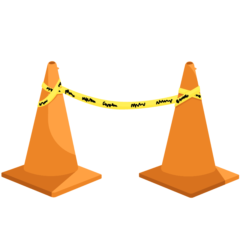 Two orange traffic cones connected with yellow police tape.